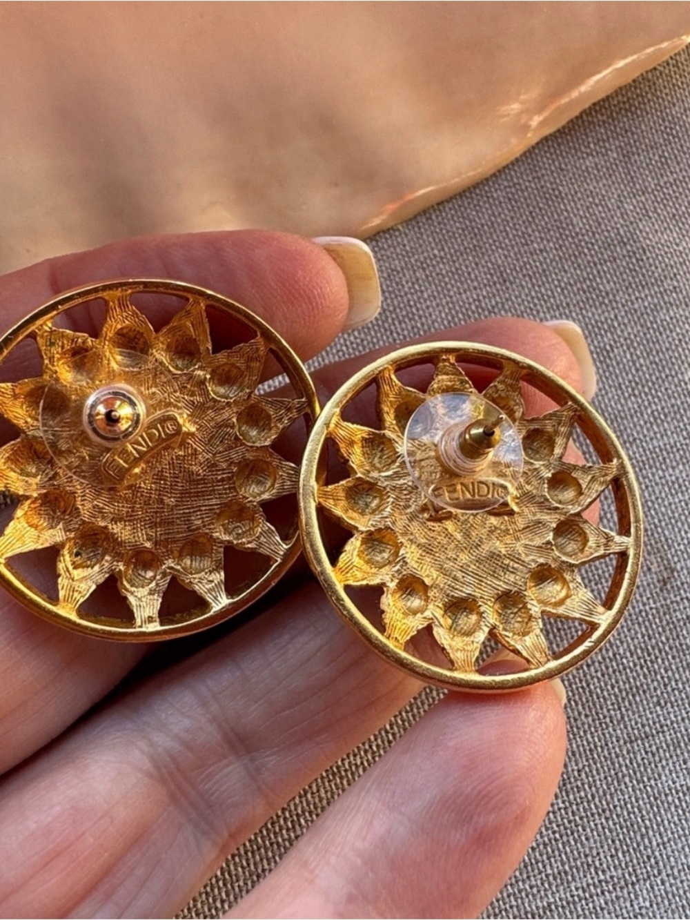 Final Price Fendi Gold Sunburst Pierced Vintage Earrings with Black Onyx - Picture 5 of 7